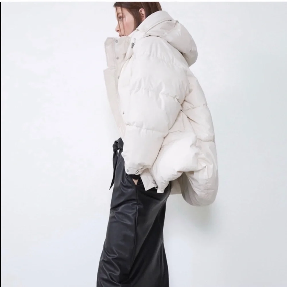 Zara oversized hooded ecru cream neutral puffer jacket Parka pocket size XS NWT - Picture 3 of 16